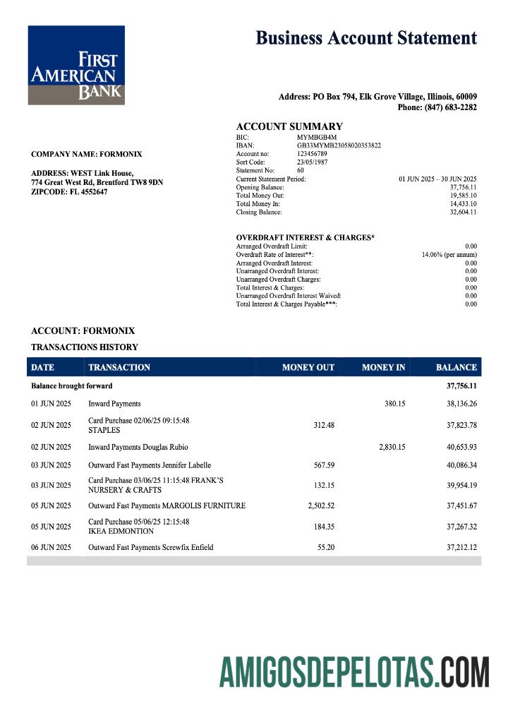 Imprimível USA First America empresa bancária extrato de conta corrente modelo Word e PDF
